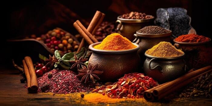 ai generated ai generative set of different indian spices for meny food tasty graphic art photo